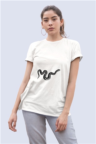 Unisex Siyah Beyaz Yılan Temalı Tasarım Tişört