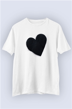 Unisex Siyah Kalp Temalı Baskılı Tişört