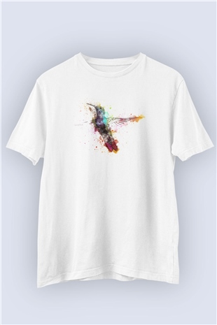 Unisex Suluboya Kuş Temalı Baskılı Tişört