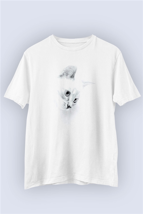 Unisex Beyaz Kedi Temalı Baskılı Tshirt