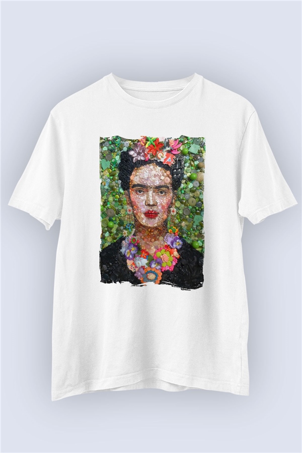 Unisex Düğmelerle Frida Kahlo Temalı Baskılı Tshirt
