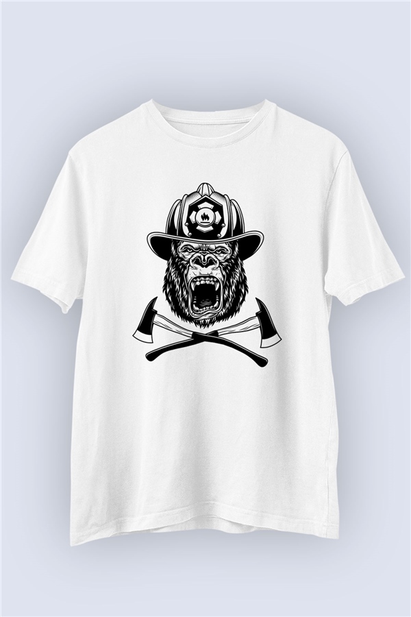 Unisex İtfaiyeci Goril Temalı Baskılı Tshirt