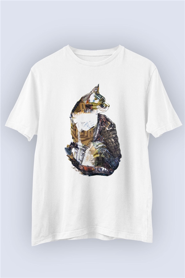 Unisex Kolaj Art Kedi Temalı Baskılı Tişört