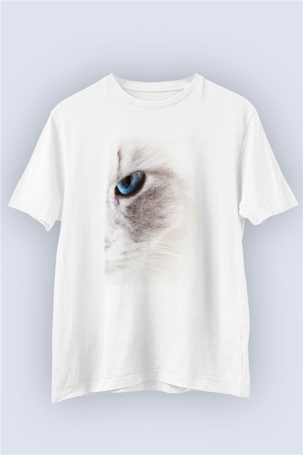 Unisex Mavi Gözlü Kedi Temalı Baskılı Tshirt