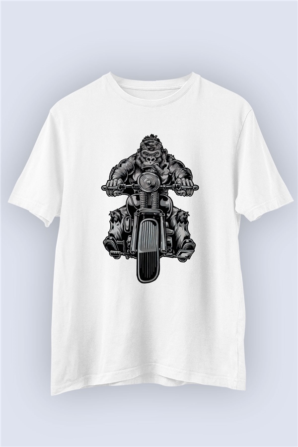 Unisex Motorcu Maymun Temalı Baskılı Tişört