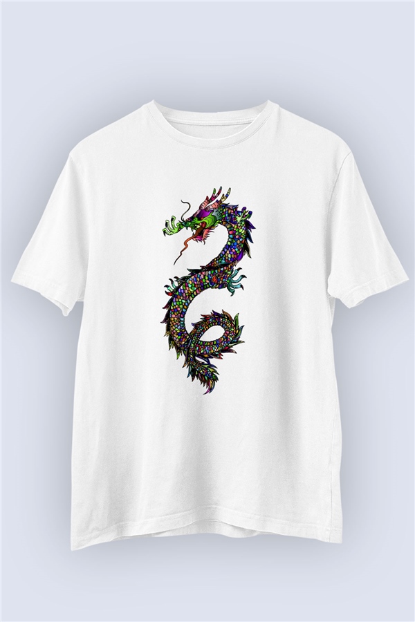 Unisex Renkli Ejderha Temalı Baskılı Tişört