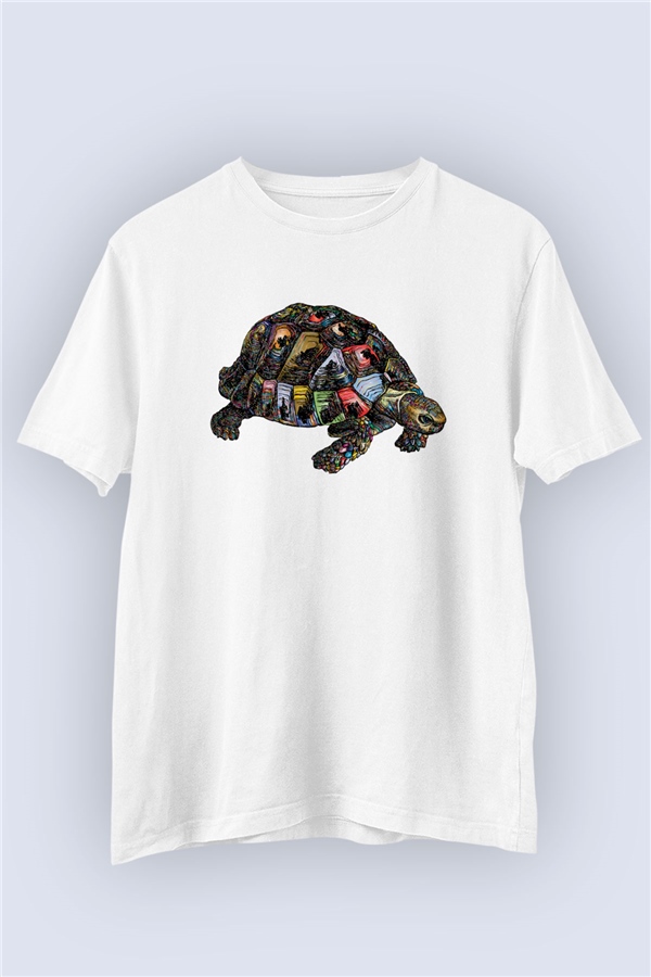 Unisex Renkli Kaplumbağa Temalı Baskılı Tasarım Tişört