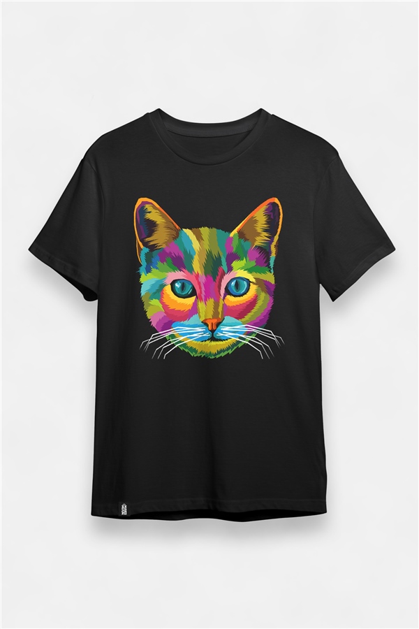 Unisex Renkli Kedi Kafası Baskılı Bisiklet Yaka Tişört