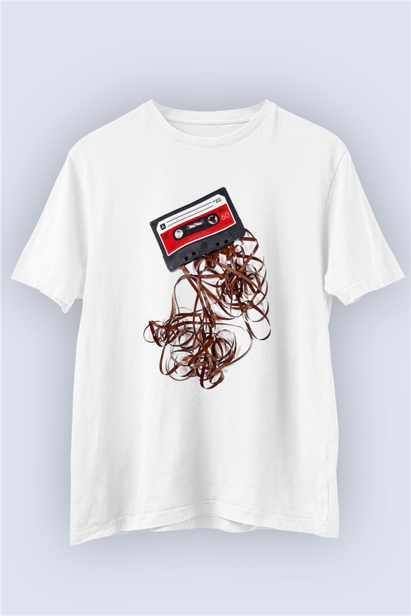 Unisex Retro Müzik Kaset Temalı Baskılı Tshirt