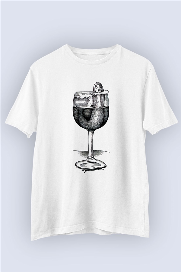 Unisex Şarap Kadehi ve Deniz Kızı Temalı Baskılı Tişört