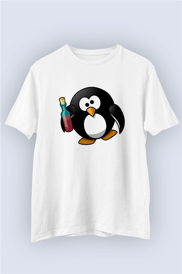Unisex Sarhoş Penguen Temalı Baskılı Tasarım Tshirt