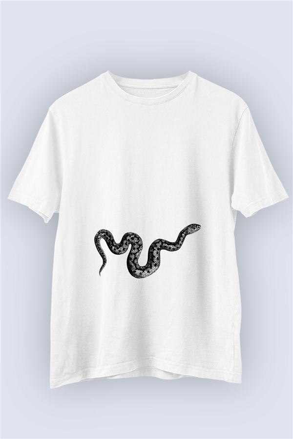 Unisex Siyah Beyaz Yılan Temalı Tasarım Tişört