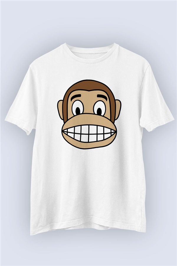 Unisex Smiley Maymun Temalı Tasarım Tişört