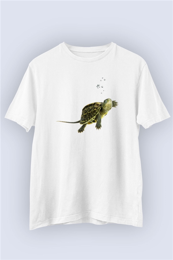 Unisex Su Kaplumbağası Temalı Baskılı Tişört