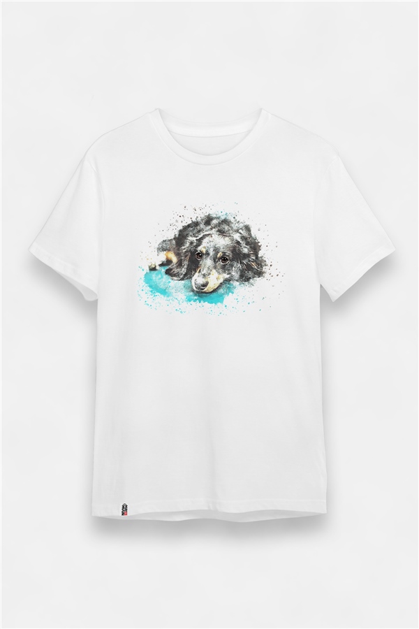 Unisex Suluboya Köpek Çizimi Baskılı Tişört