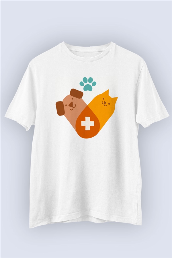 Unisex Veteriner Temalı Kedi ve Köpek Çizimli Baskılı Tişört