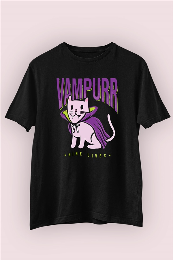 Vampir Kedi Temalı Baskılı Siyah Tshirt