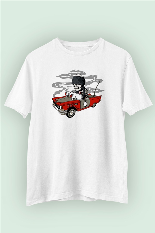 Vintage İskelet Sürücü İsimli Baskılı Beyaz Tshirt