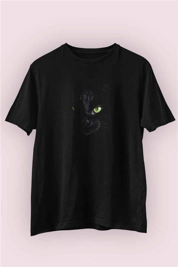 Yeşil Gözlü Kara Kedi Temalı Baskılı Tişört