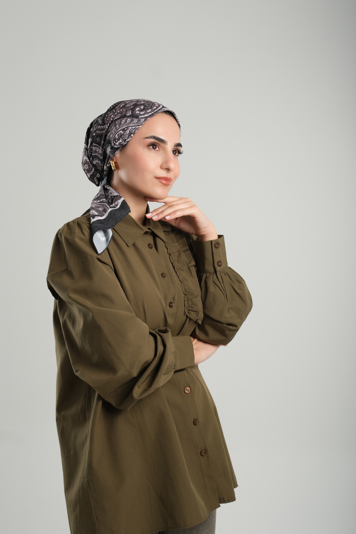 Antrasit Desenli Eşarp Bambu Etnik Çiçek Dijital Baskılı - Hürrem Bone 202202_25