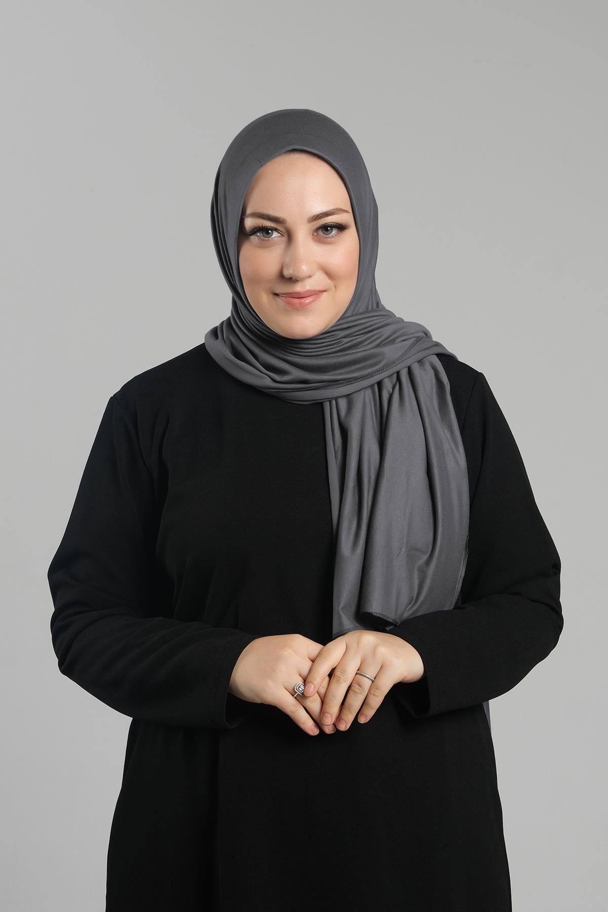 Antrasit Pratik Hazır Geçmeli Şal Viskon Önü Süngerli Penye Şal - Hürrem Bone 2202_25
