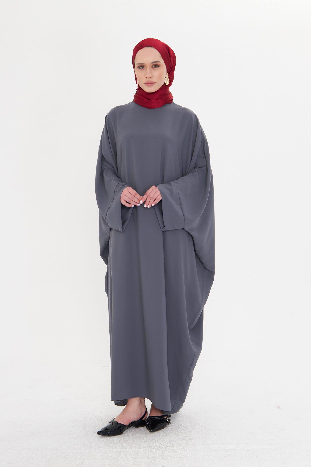 Antrasit Yarasa Kol Oversize Medine İpeği Arkası Düğmeli Düz Elbise - Hürrem Bone 4001_25