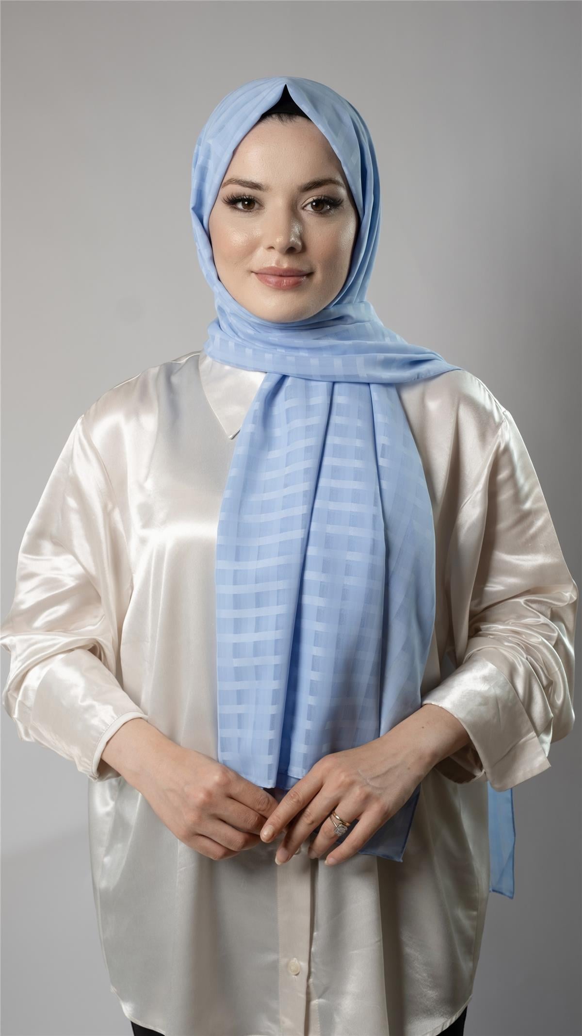 Bebe Mavisi Desenli Şal Şifon Kumaş Kareli Çizgili - Hürrem Bone 202107_11