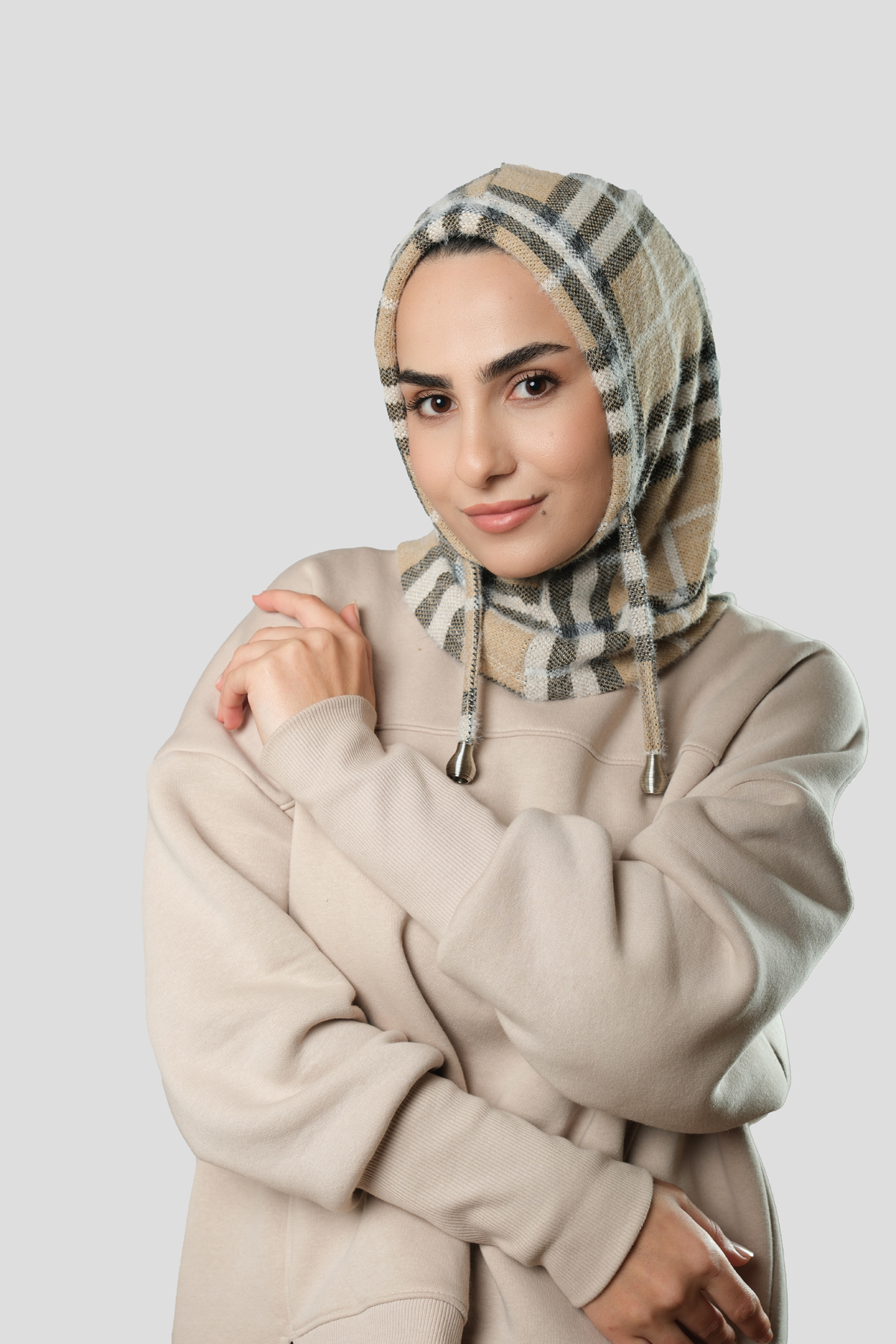 Bej Bağcıklı Balaklava Boyunluklu Bere Jakar Ekoseli - Hürrem Bone 2323_12