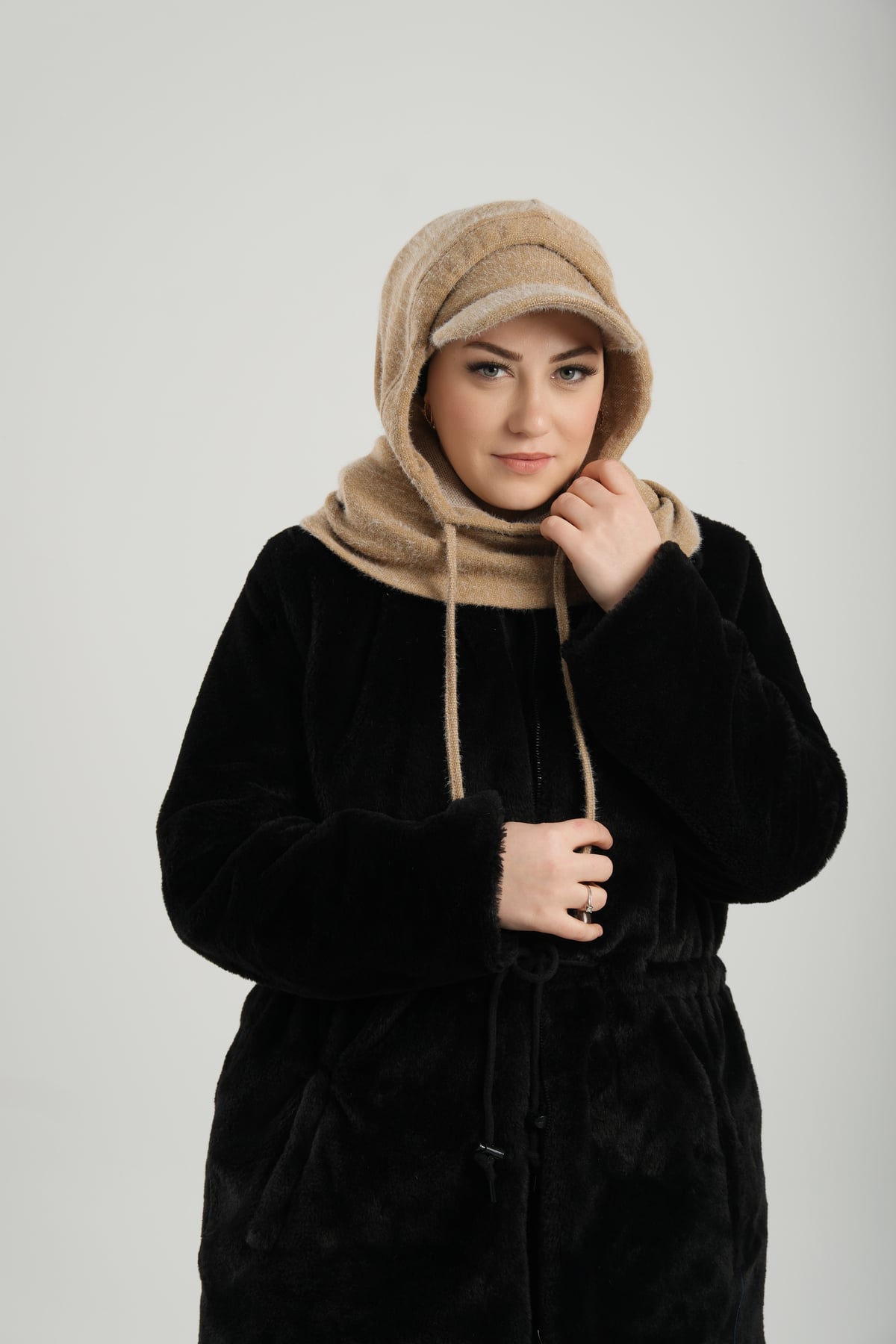 Bej Bağcıklı Peluş Salaş Şapkalı Balaklava Boyunluklu Bere Jakar Düz - Hürrem Bone 2332_12