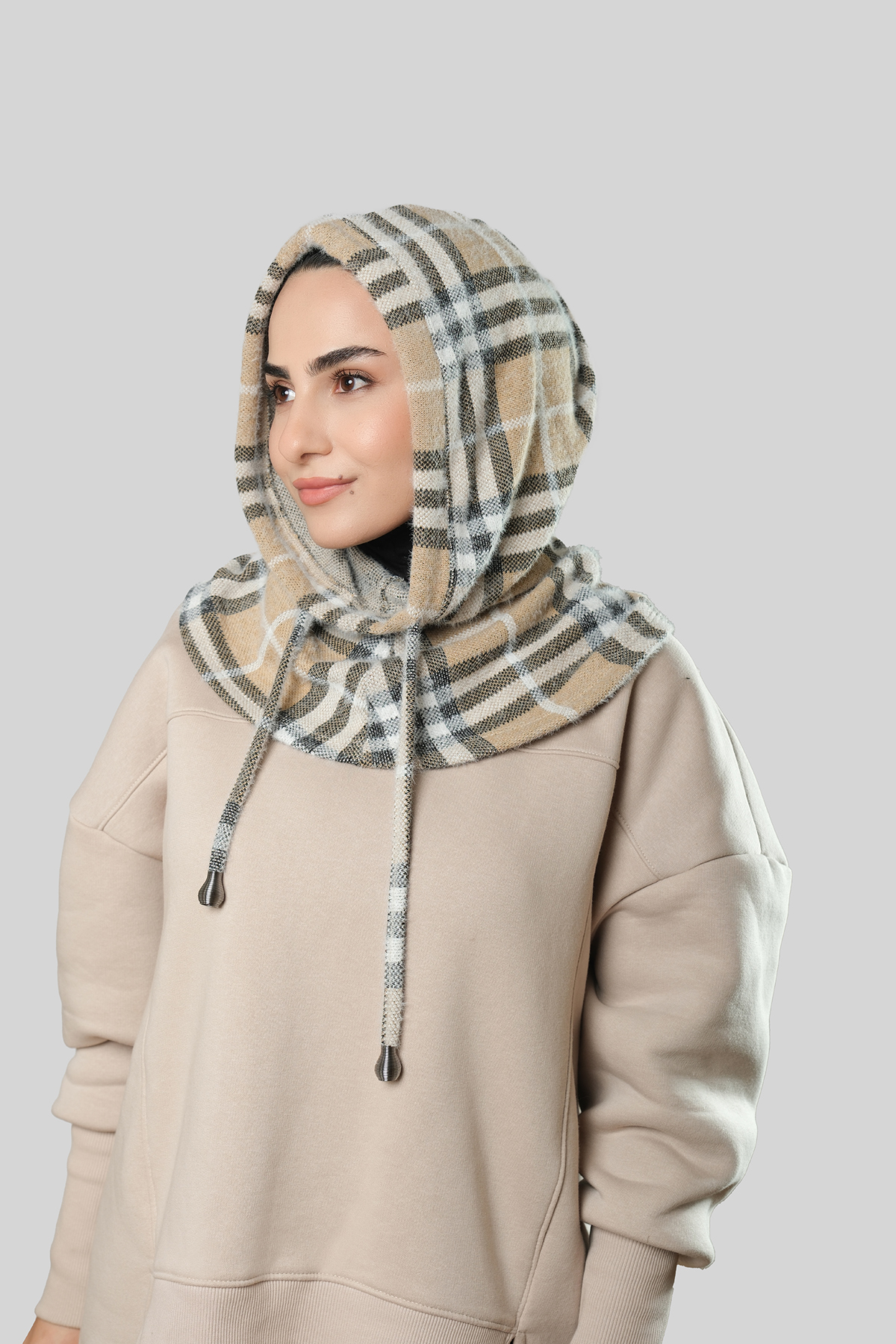 Bej Bağcıklı Salaş Balaklava Boyunluklu Bere Jakar Ekoseli - Hürrem Bone 2324_12