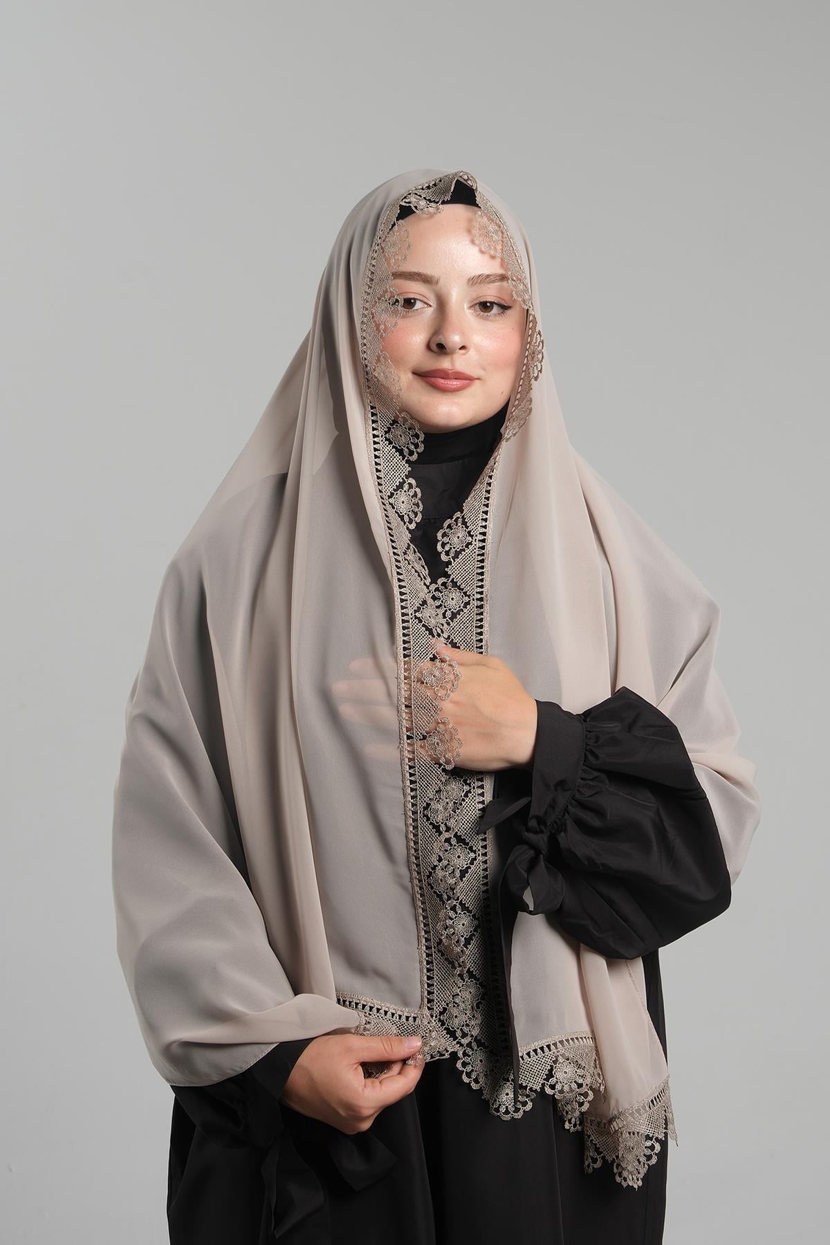 Bej Namaz Başörtüsü Şal Şifon Kumaş Güpürlü - Hürrem Bone 202106_12