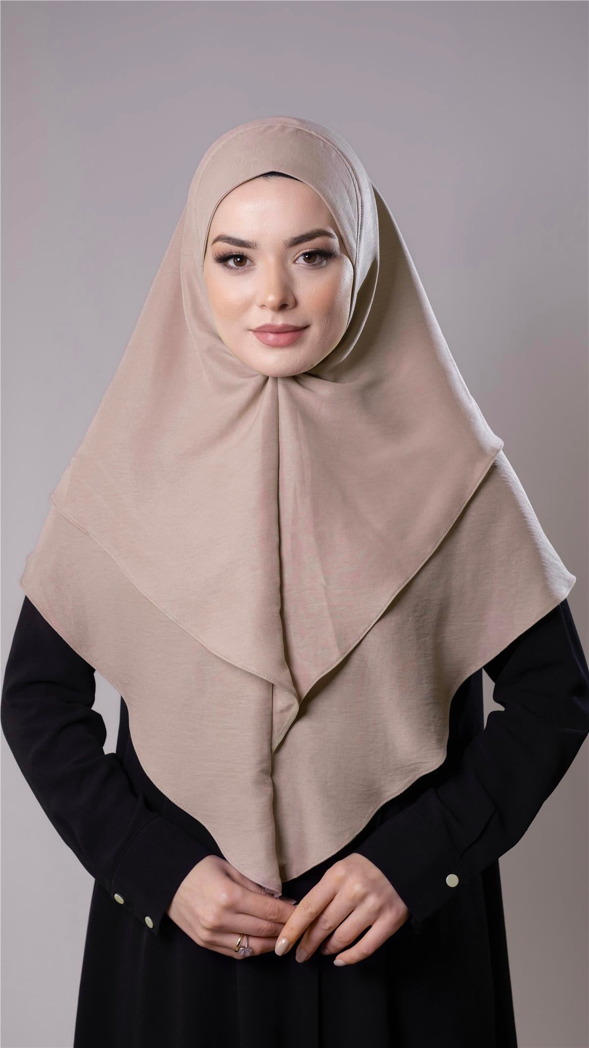 Bej Pratik Hazır Geçmeli Tesettür Eşarp Pamuk Caz Kumaş Çift Katlı Düz Hijab - Hürrem Bone 2303_12