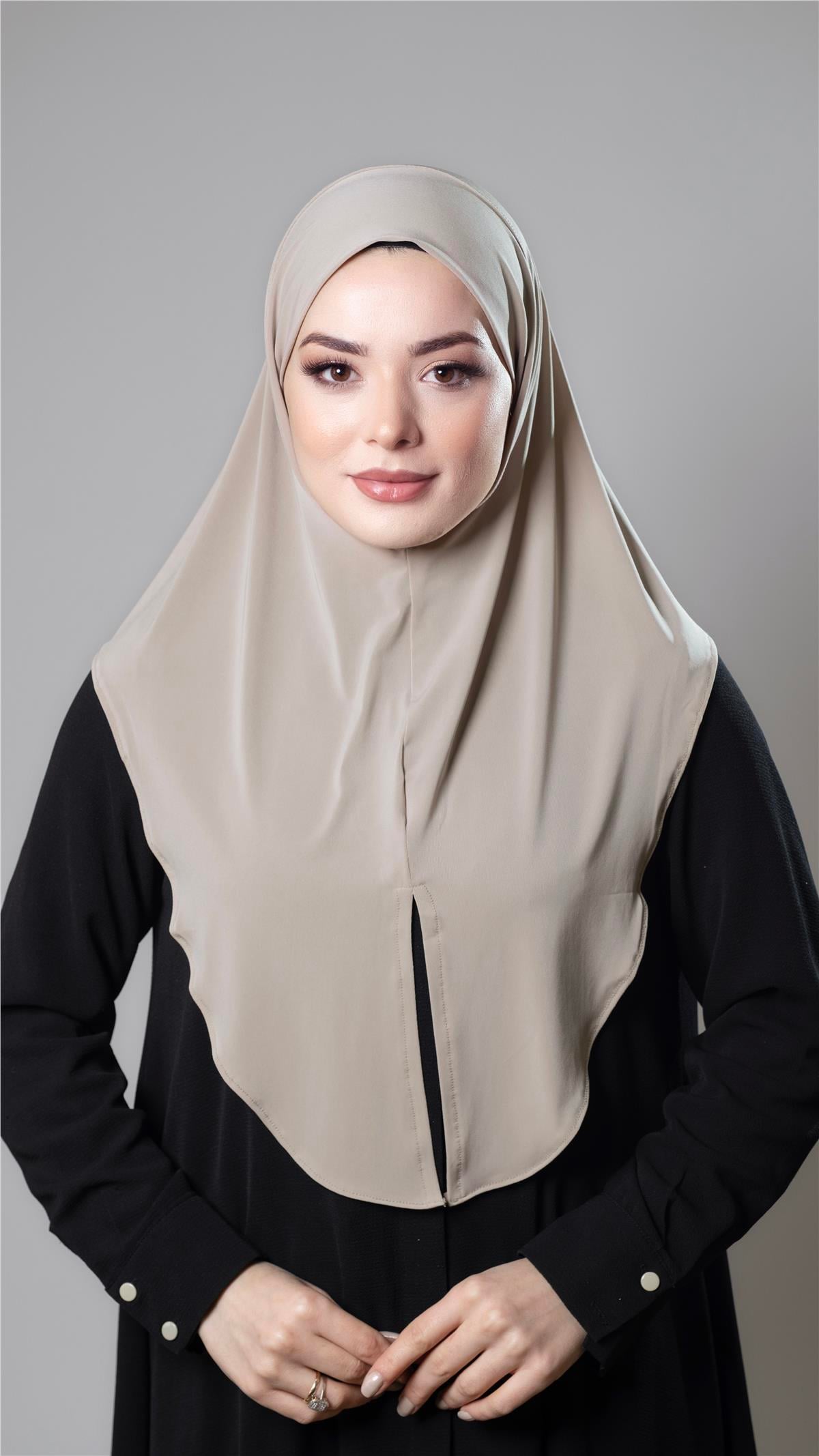 Bej Pratik Hazır Geçmeli Tesettür Eşarp Sandy Kumaş Yırtmaçlı Düz Hijab - Hürrem Bone 2310_12
