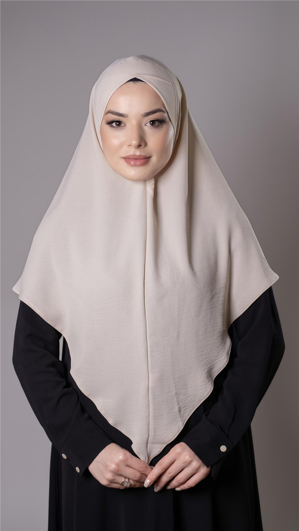 Bej Pratik Hazır Geçmeli Tesettür Eşarp Aerobin Kumaş  Çapraz Hijab - Hürrem Bone 2307_12