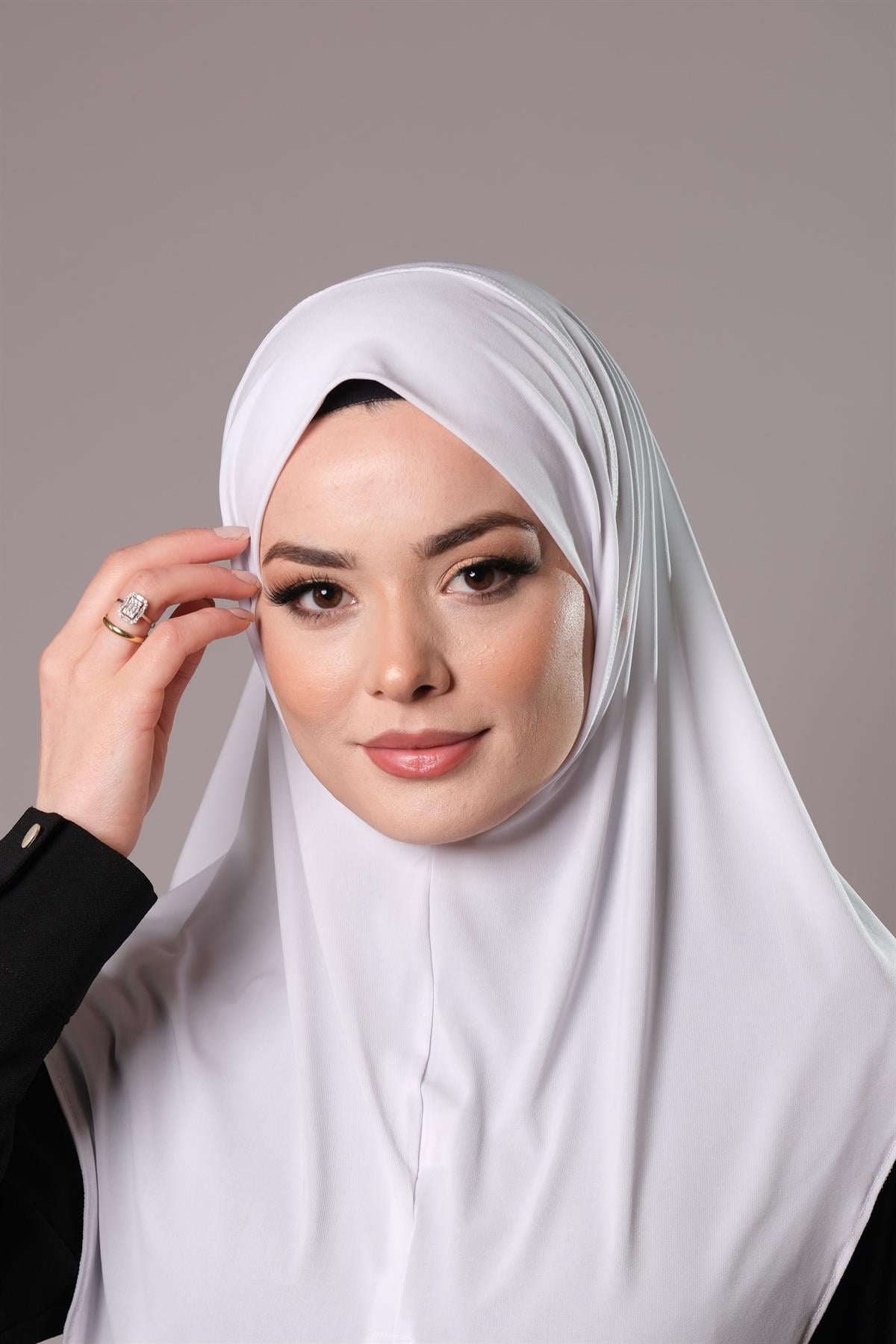 Beyaz Pratik Hazır Geçmeli Tesettür Eşarp Sandy Kumaş Düz Hijab - Hürrem Bone 2308_42