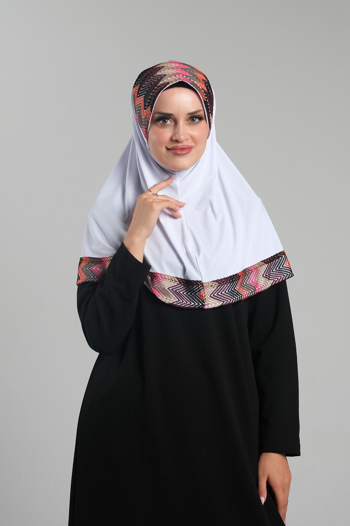 Beyaz Pratik Hazır Geçmeli Tesettür Eşarp Sandy Renkli Desenli Fileli - Hürrem Bone 2401_42