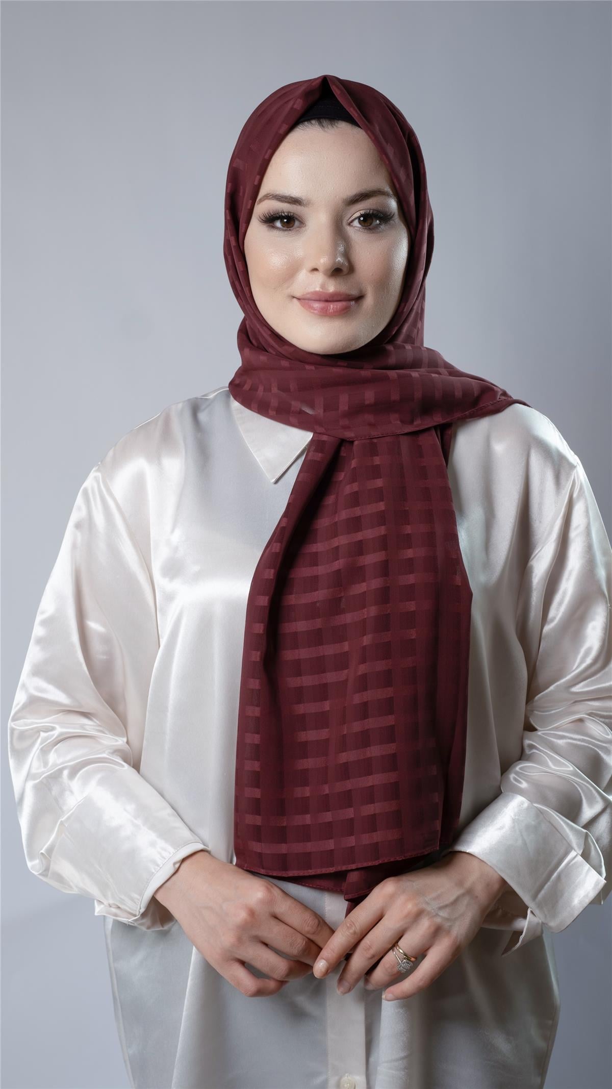 Bordo Desenli Şal Şifon Kumaş Kareli Çizgili - Hürrem Bone 202107_16