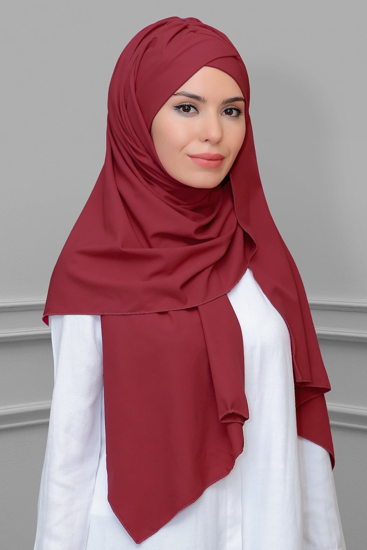Bordo Pratik Hazır Geçmeli Bone Şal Krep Mevsimlik Tek Bantlı - Hürrem 1453K