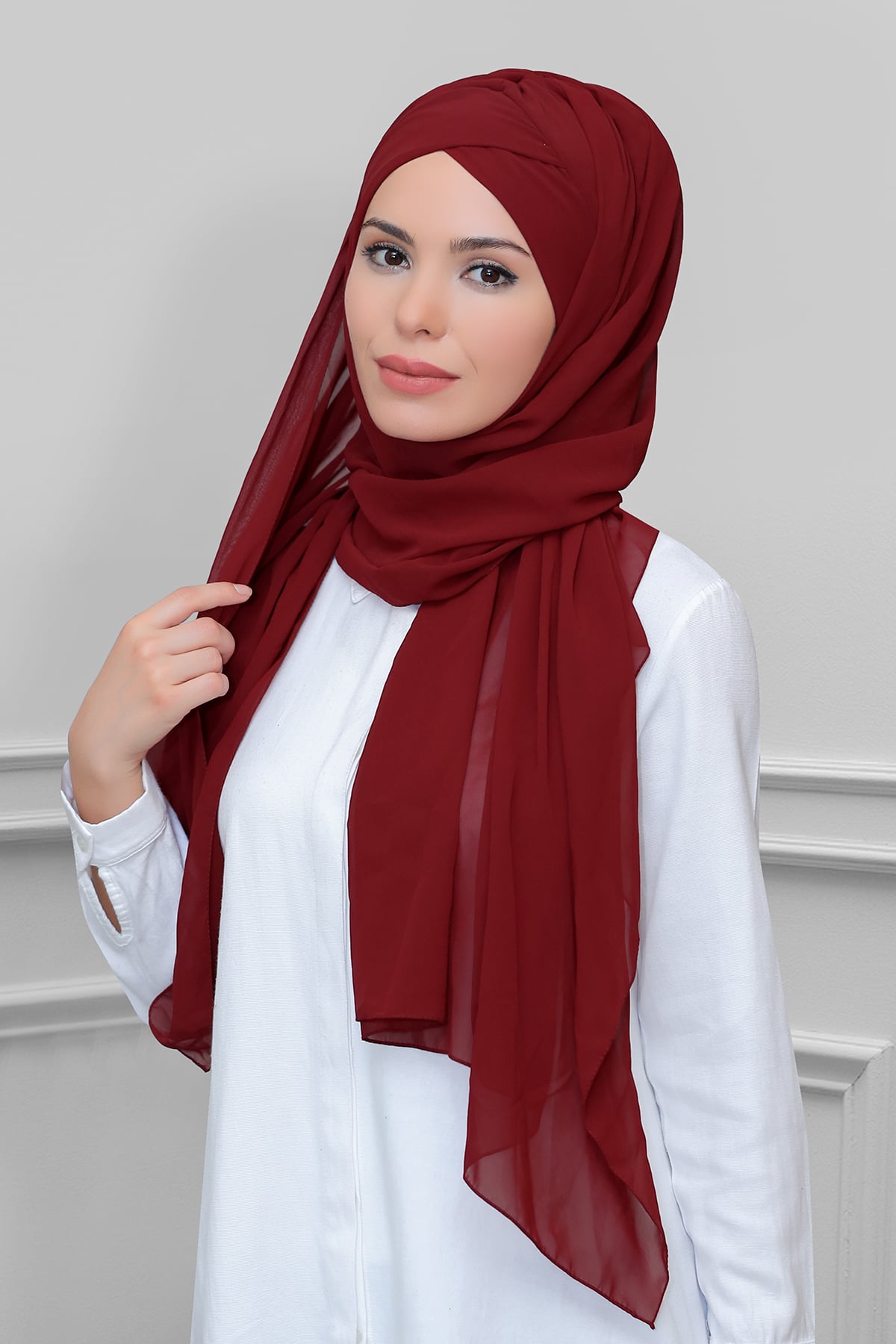 Bordo Pratik Hazır Geçmeli Bone Şal Şifon Kendinden Topuzlu Tek Bantlı - Hürrem 1453