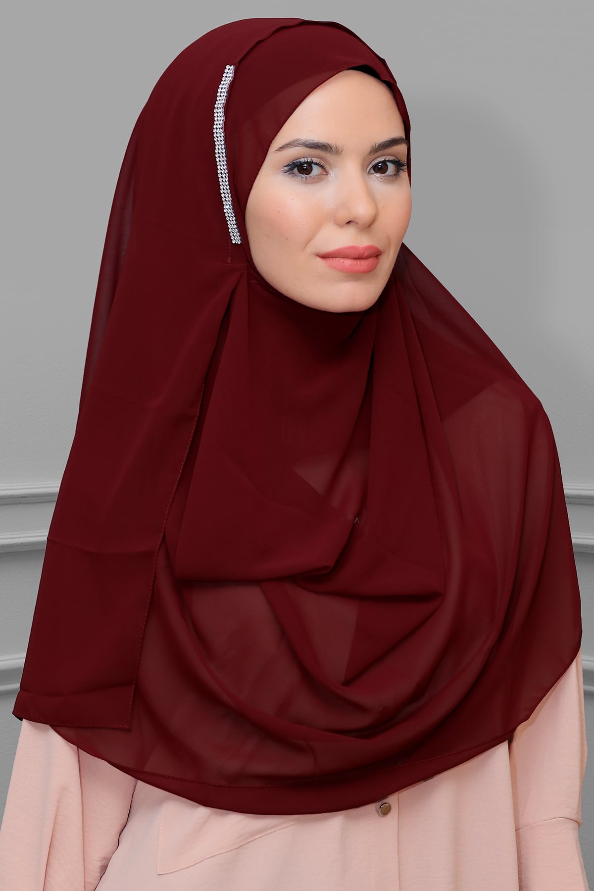Bordo Pratik Hazır Geçmeli Malezya Şal Şifon Taşlı - Hürrem 1850