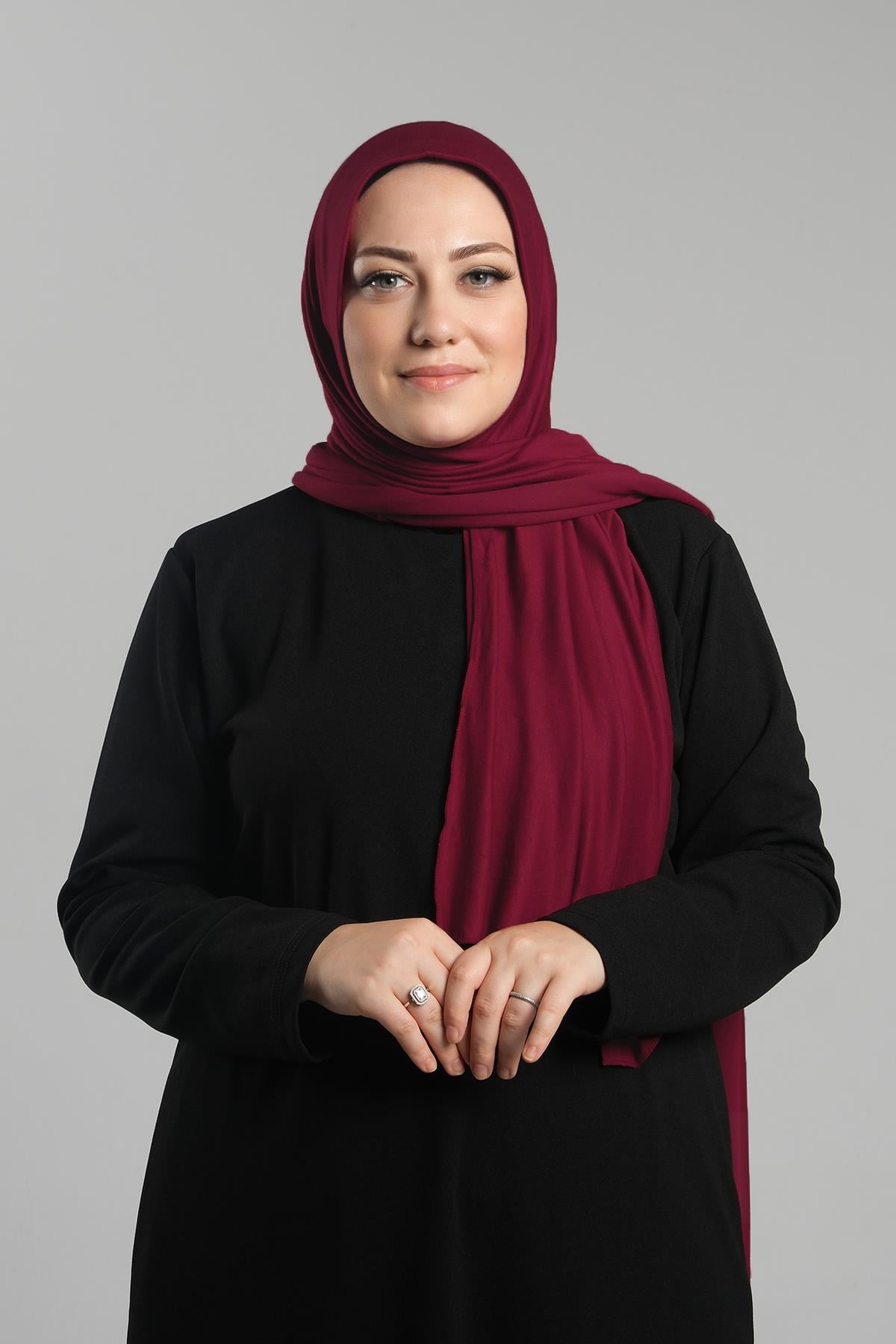 Bordo Pratik Hazır Geçmeli Şal Viskon Önü Süngerli Penye Şal - Hürrem Bone 2202_16
