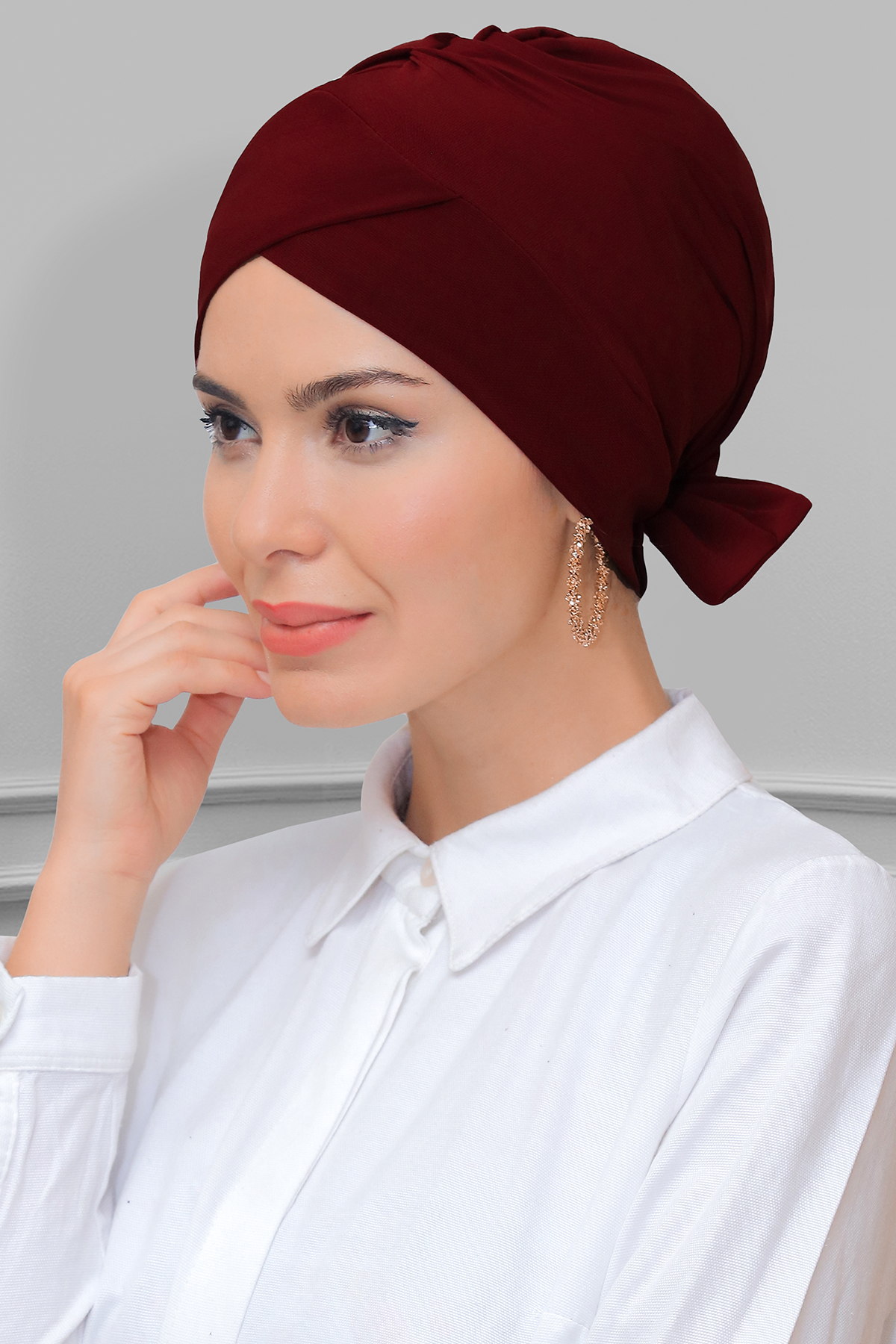 Bordo Pratik Hazır Geçmeli Tesettür Bone Sandy Kumaş Fiyonklu Çift Taraflı Tek Çapraz - Hürrem 1833