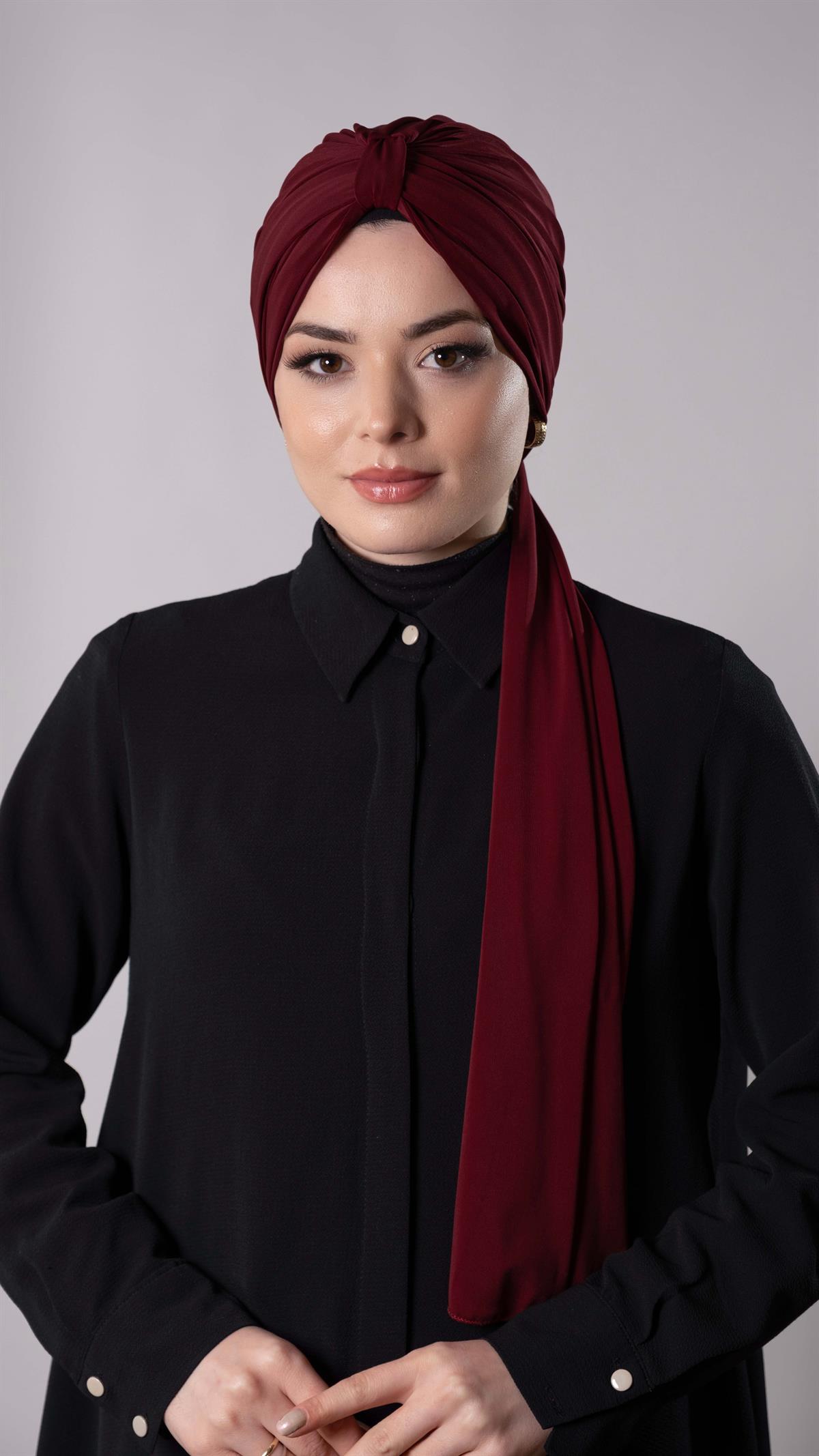 Bordo Pratik Hazır Geçmeli Tesettür Bone Sandy Kumaş Atkılı  - Hürrem Bone 2204_16