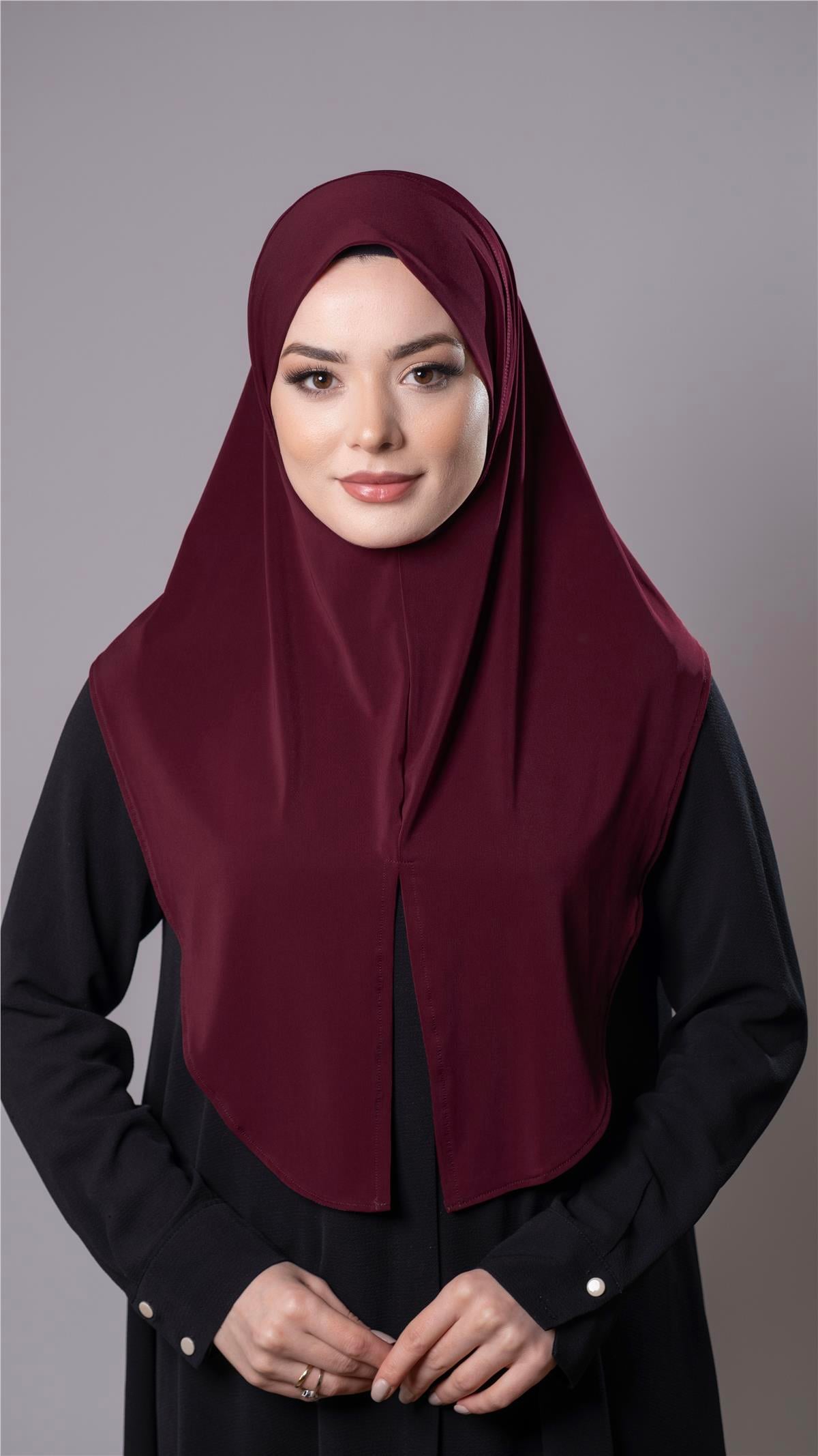 Bordo Pratik Hazır Geçmeli Tesettür Eşarp Sandy Kumaş Yırtmaçlı Düz Hijab - Hürrem Bone 2310_16