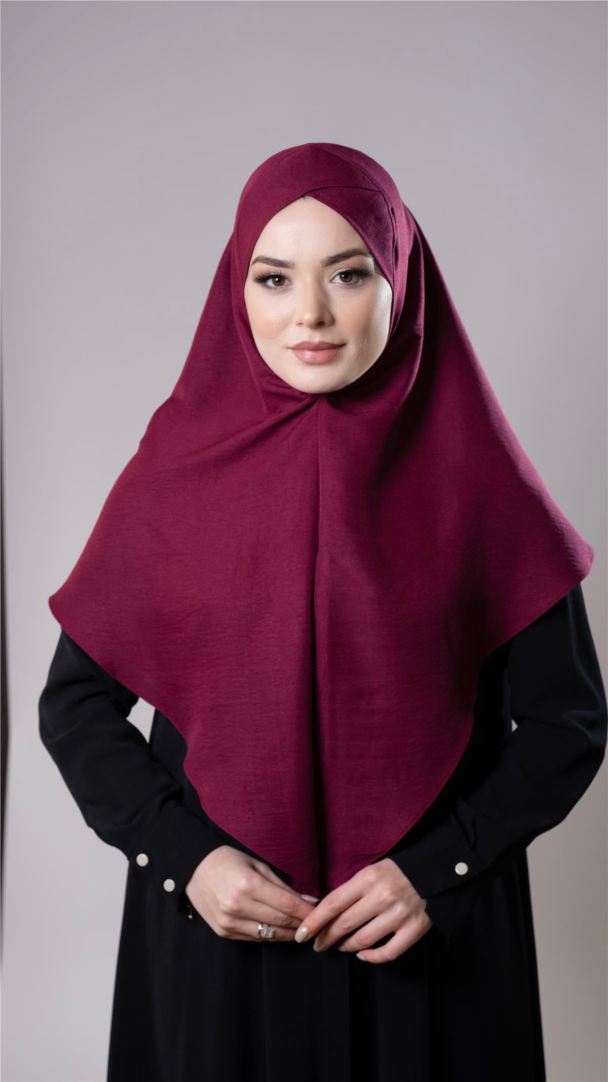 Bordo Pratik Hazır Geçmeli Tesettür Eşarp Pamuk Caz Kumaş Tek Katlı Çapraz Hijab - Hürrem Bone 2305_16