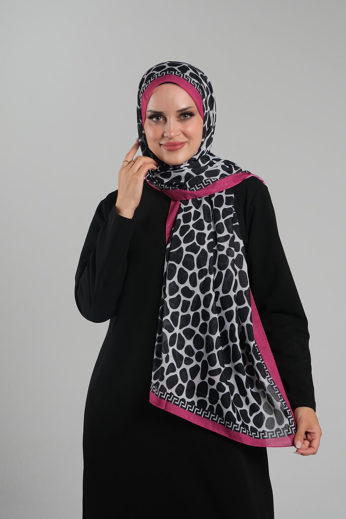 Fuşya Desenli Şal Kesik Elyaf Dijital Baskılı Pamuksu Leopar - Hürrem Bone 202116_20