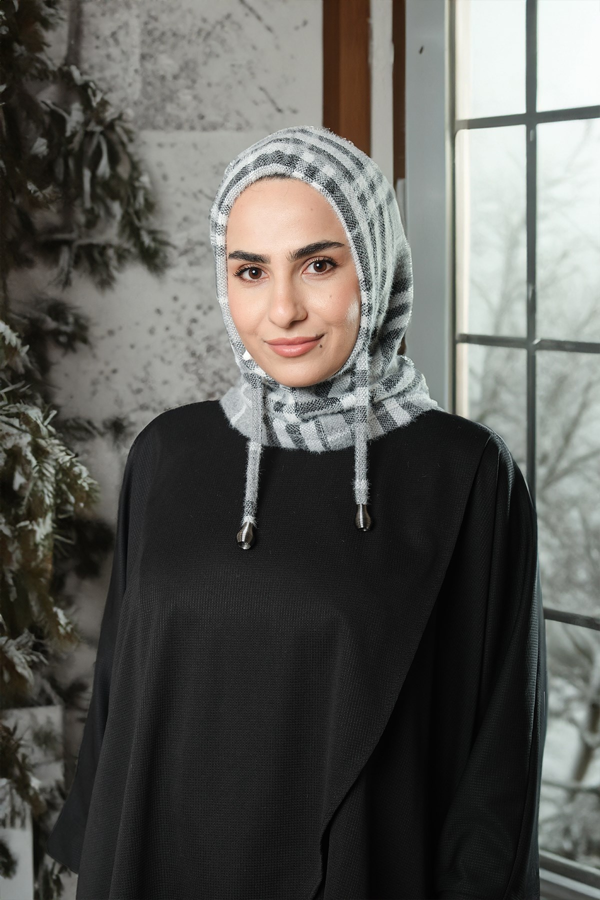 Gri Bağcıklı Balaklava Boyunluklu Bere Jakar Ekoseli - Hürrem Bone 2323_15