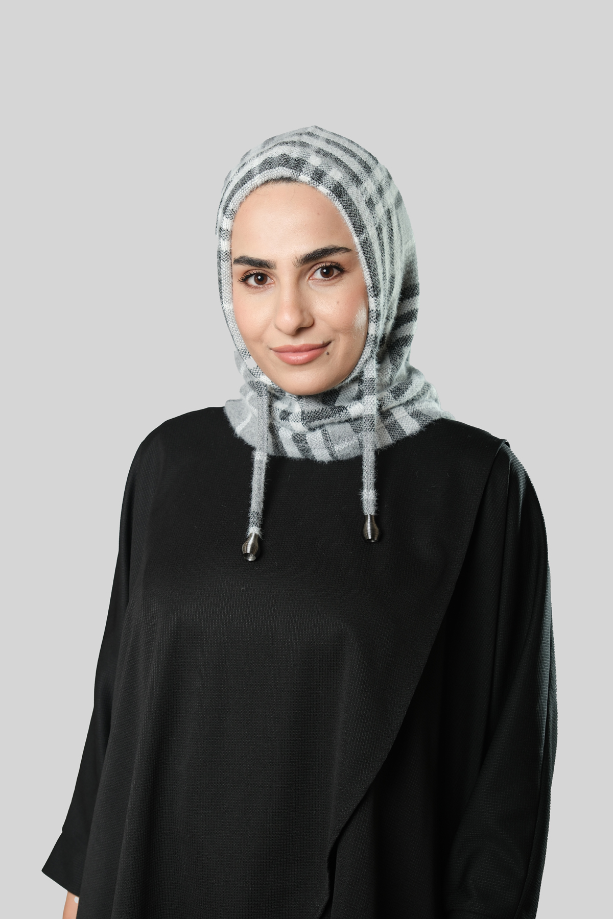 Gri Bağcıklı Balaklava Boyunluklu Bere Jakar Ekoseli - Hürrem Bone 2323_15
