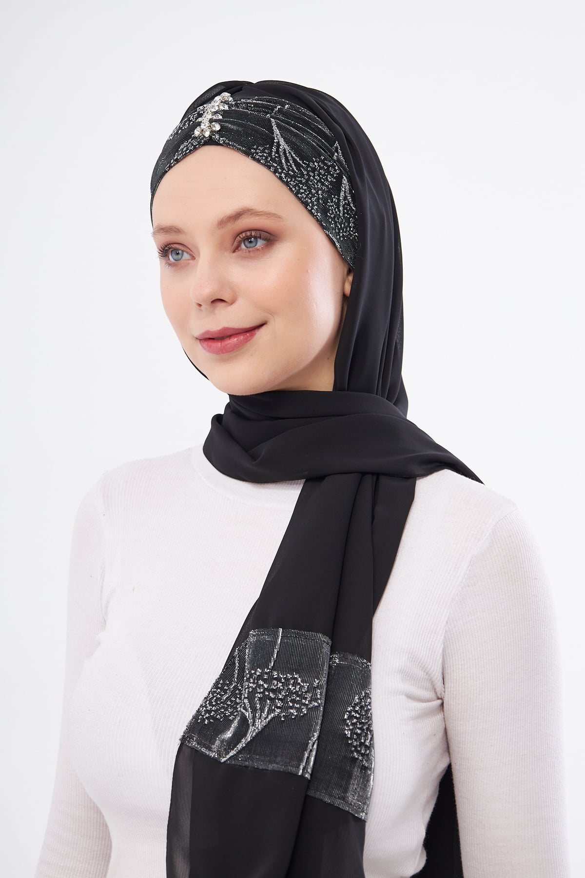 Gri Çapraz Arkadan Bağlamalı Şal Şifon Çiçek Desenli - Hürrem Bone 2319_15