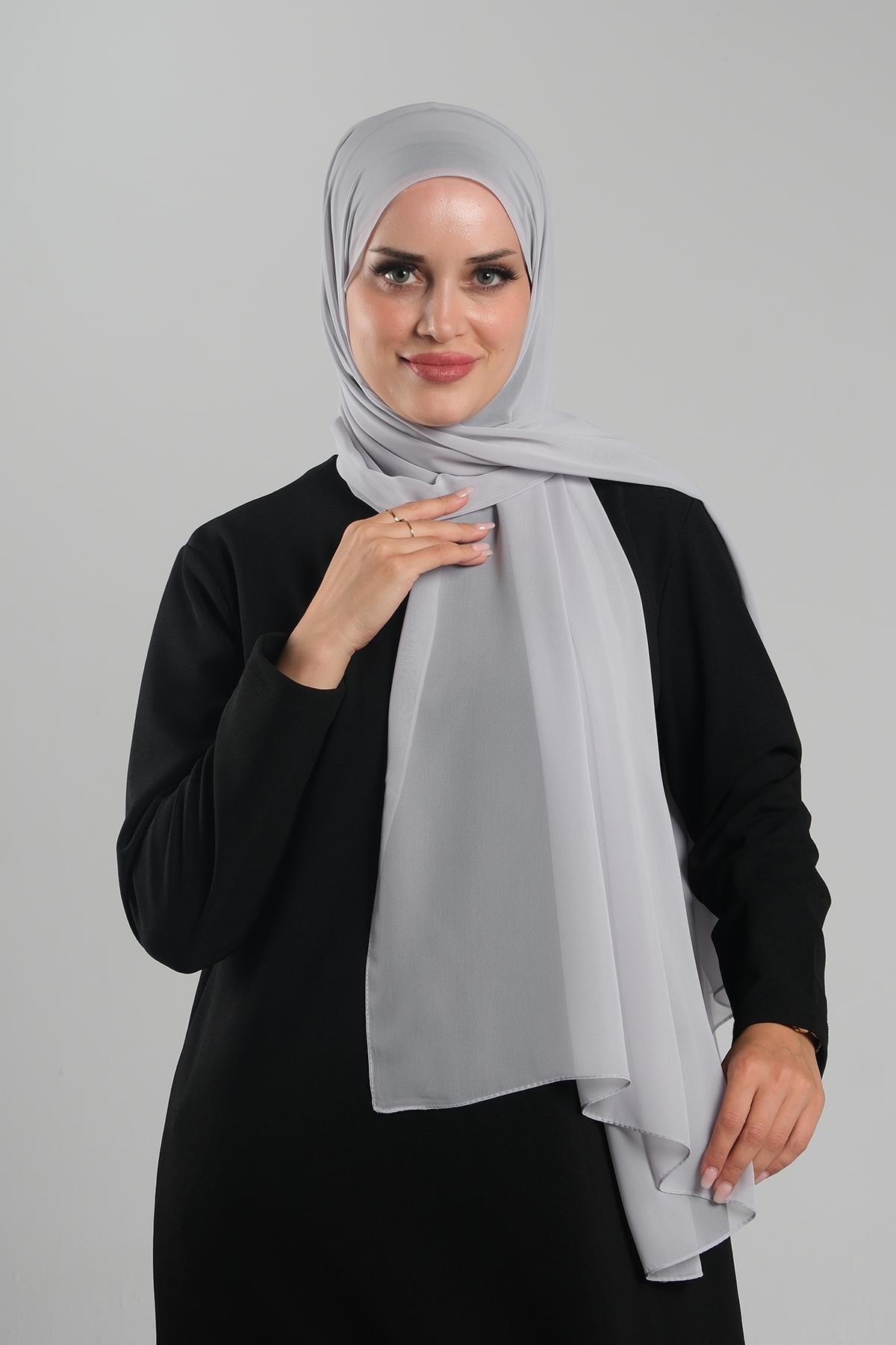 Gri Düz Klasik Şal Şifon Dikişli - Hürrem Bone 202112_15